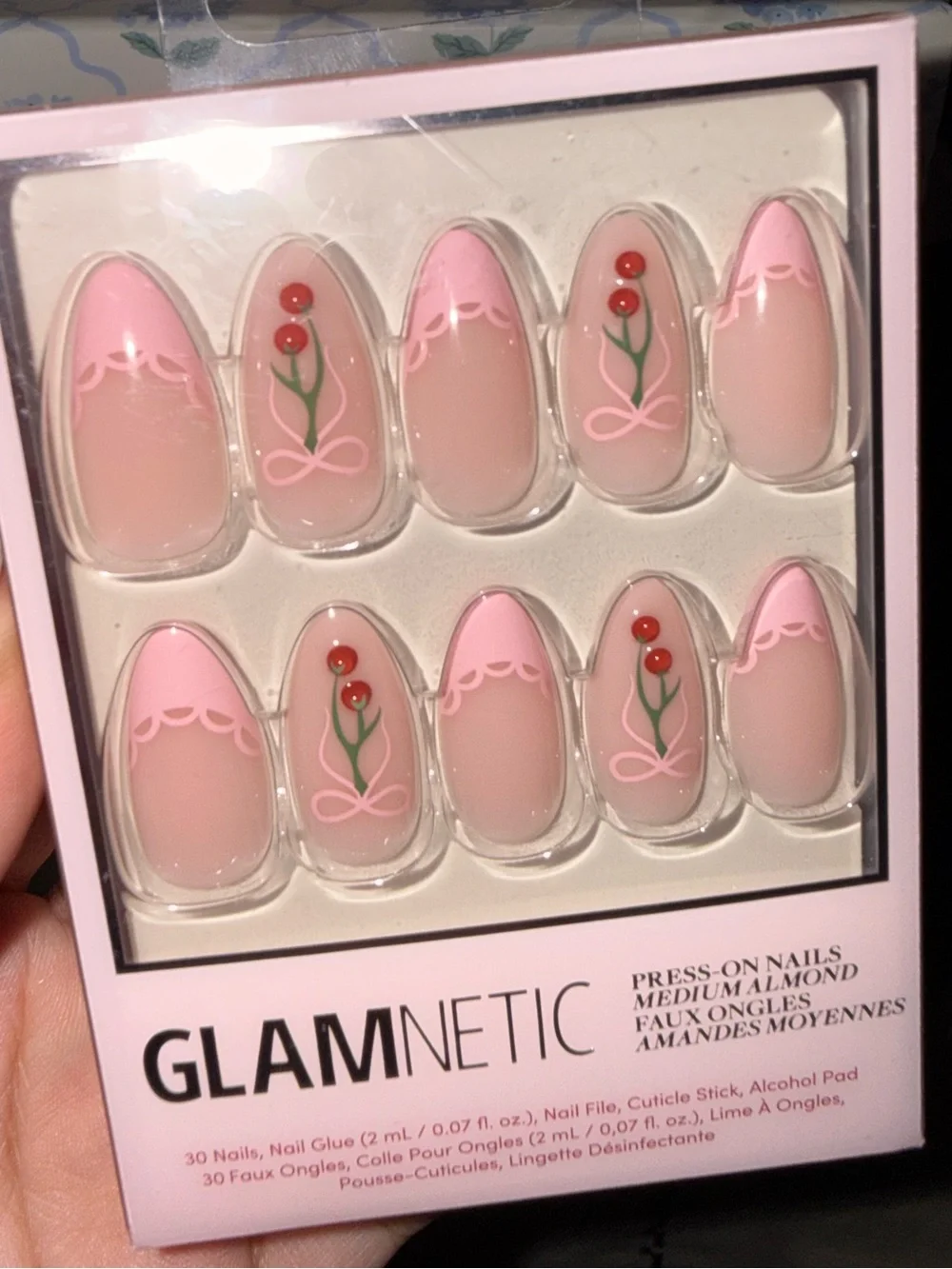 GLAMnetic “Cherry Bow” Pink Cherry Print with Lace French Tip Press-On Nails